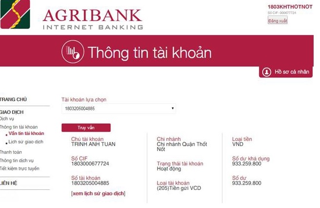 tra cuu so du tai khoan ngan hang Agribank