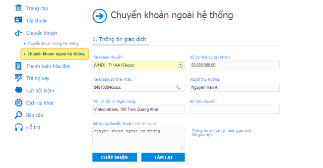 Chuyển khoản khác ngân hàng Vietinbank