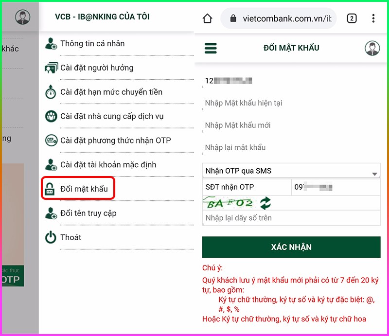 Đổi mật khẩu đăng nhập Vietcombank online