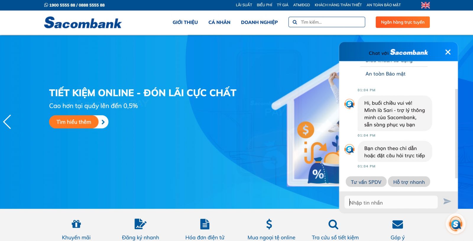 Hỗ trợ CSKH Sacombank qua livechat trên Website