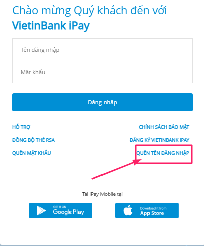 ách sử dụng tính năng quên mật khẩu trên Vietinbank Ipay